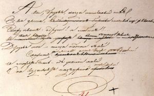 Рукопись стихотворения Пушкина «Элегия (Я видел смерть...)». Беловой автограф с многочисленными поправками. 2 страница.