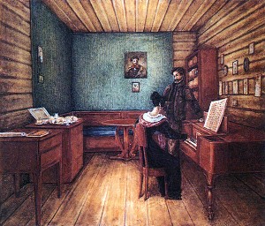Декабрист С. Г. Волконский (возможный прототип П. И. Лабазова) с женой в камере в Петровской тюрьме. Рисунок Н. А. Бестужева, 1830