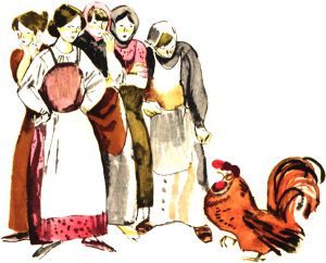 Иллюстрация В. Гальдяева к басне Толстого «Работницы и петух»