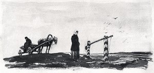 Рисунок к произведению А. П. Чехова «На подводе». Кукрыниксы, середина XX века 