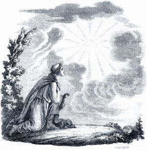 Поэт, взирающий с благоговением на божественное сияние. Иллюстрация Оленина к стихотворению Державина «Памятник»