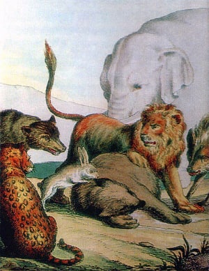 Басня И. Крылова «Заяц на ловле» с иллюстрациями А. Сапожникова, А. Жаба́, А. Комарова