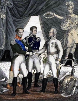 Священный союз (Александр I, Франц II, Фридрих Вильгельм III). Гравюра, 1813-1815