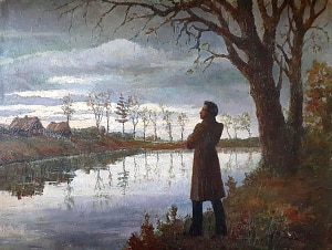Пушкин на берегу пруда в Болдине. Художник А. Ольхов, 1948