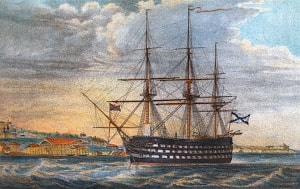 Линейный корабль Три Святителя. Литография Подустова по рисунку В. А. Прохорова, до 1855