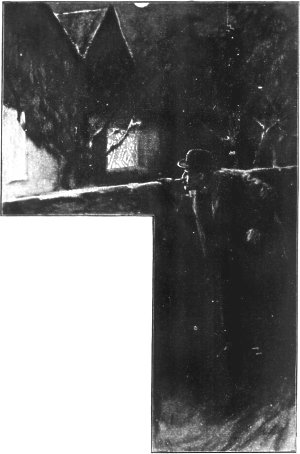 Я подкрался на цыпочках к низкой каменной ограде, окружающей чахлый садик Стэплтонов, и, пробираясь в ее тени, дошел до того места, откуда можно было заглянуть в незанавешенное окно. Иллюстрация к детективной повести Артура Конан Дойла «Собака Баскервилей». Художник Сидни Пэджет, 1901-1902
