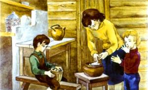 Хлеб был на исходе, но мать нашла муку и испекла лепешек. Иллюстрация И. Принцевского к рассказу «Чук и Гек» Аркадия Гайдара
