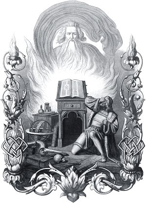 Вспыхивает красноватое пламя, в котором является Дух. Иллюстрация Энгельберта Зейбертца (1813–1905) к «Фаусту» И. В. Гёте (1749-1832)