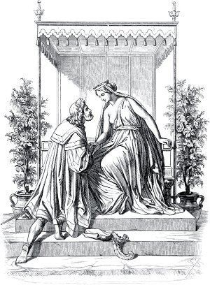 Сперва позволь, царица, принести тебе присягу и поцеловать позволь меня подъемлющую руку. Иллюстрация Энгельберта Зейбертца (1813–1905) к «Фаусту» И. В. Гёте (1749-1832)