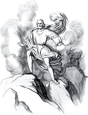 Скалистая вершина. Туча подплывает к ней и спускается на верхнюю площадку горы. Из тучи выходит Фауст... Иллюстрация Энгельберта Зейбертца (1813–1905) к «Фаусту» И. В. Гёте (1749-1832)