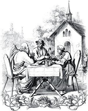 Бавкида, Филемон и Странник за столом. Иллюстрация Энгельберта Зейбертца (1813–1905) к «Фаусту» И. В. Гёте (1749-1832)
