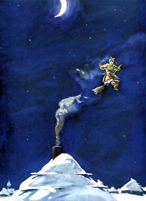 Ведьма верхом на метле. Иллюстрация А. П. Бубнова к повести Гоголя «Ночь перед Рождеством»