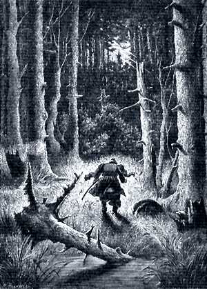 И, будто зарницею, осветило на минуту весь лес. Иллюстрация Р. Штейна к повести Гоголя «Пропавшая грамота»