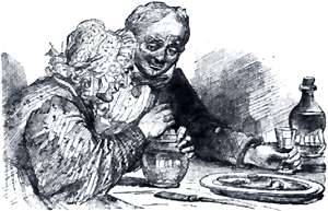 Вот это, — говорила она, снимая пробку с графина, — водка... Иллюстрация Павла Соколова к повести Гоголя «Старосветские помещики»