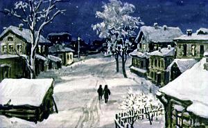 По мере того как шли мальчики, все малолюднее и темнее становились улицы... Иллюстрация Б. К. Винокурова к рассказу А. И. Куприна «Чудесный доктор»