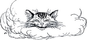 — Ну, как поживаешь? — спросил Кот, лишь только у него ясно обрисовались губы и он смог говорить. Иллюстрация Артура Рэкема (1907) к сказке Льюиса Кэрролла «Алиса в Стране Чудес» (1865)