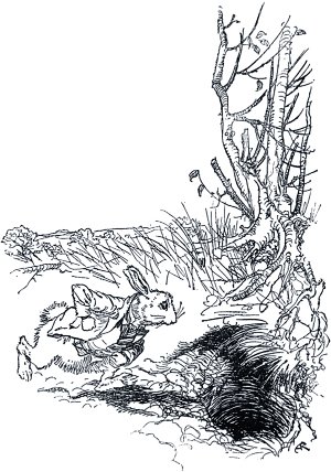 Белый кролик внезапно нырнул в большую кроличью нору... Иллюстрация Артура Рэкема (1907) к сказке Льюиса Кэрролла «Алиса в Стране Чудес» (1865)