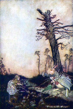 — Эй, Мэри Анна, что ты здесь делаешь? Иллюстрация Артура Рэкема (1907) к сказке Льюиса Кэрролла «Алиса в Стране Чудес» (1865)