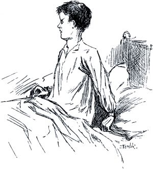 Том сразу сел на кровать... Иллюстрация Э. У. Кембла к повести Марка Твена «Приключения Гекльберри Финна»