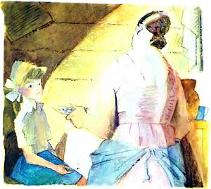 Ты краюху в рот берешь, а мужик для краюхи сеял рожь. Иллюстрация Ю. Коровина к стихотворению В. Маяковского «Гуляем», 1976.