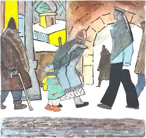 Вот Ваня с няней. Няня гуляет с Ваней. Иллюстрация Ю. Коровина к стихотворению В. Маяковского «Гуляем», 1976.