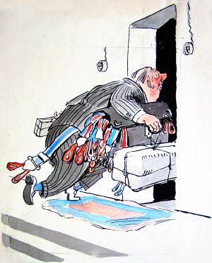 Посудите, где ж подтяжки мне себе купить тогда? Иллюстрация Аминадава Моисеевича Каневского (1963 г.) к стихотворению «Плюшкин» В. В. Маяковского
