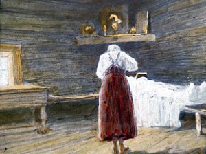 Диапозитив цветной в деревянной рамке «Смерть солдата», 1900-1910 гг. Стихотворение Н. А. Некрасова «Орина, мать солдатская»