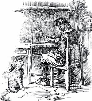 А младшему дали кота. Он был неутешен, что досталась ему такая дрянь. Иллюстрация к сказке «Кот в Сапогах». Т-во И. Д. Сытина, 1911 г.