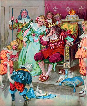 Потом он и их отнёс к королю, так же как кролика. Король благосклонно принял и куропаток... Иллюстрация к сказке «Кот в Сапогах». Т-во И. Д. Сытина, 1911 г.