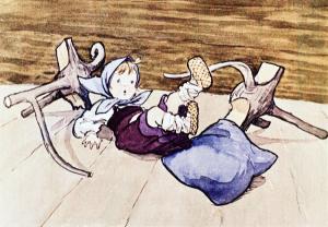 Стульчик проломился, и она упала на пол. Иллюстрация Л. Ходакова к русской народной сказке «Три медведя»