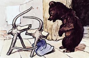 Мишутка взглянул на свой сломанный стульчик и пропищал: «Кто сидел на моем стуле и сломал его!» Иллюстрация Л. Ходакова к русской народной сказке «Три медведя»