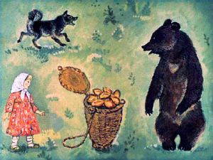 Иллюстрация Р. Былинской к русской народной сказке «Маша и Медведь»