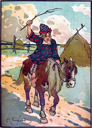 А Иван-дурак прискакал в поле, слез с коня, влез ему в левое ухо, в правое вылез, отпустил коня, поймали свою клячу, сел на нее и поехал домой. Иллюстрация к русской народной сказке «Сивка-Бурка». Издание 1916 г.