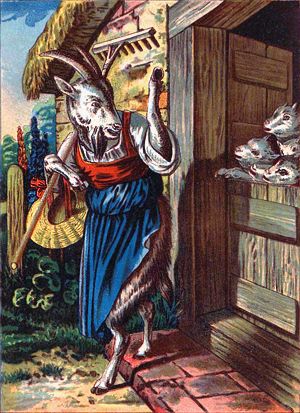 Днем уходила коза в лес за кормом. Уйдет, а деткам велит крепко-накрепко запереться и двери никому не отпирать. Иллюстрация Карла Офтердингера к сказке «Волк и семеро козлят». Конец 19 века.