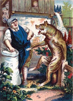 Я ушиб себе ноги, намажь мне их тестом и осыпь белой мукой. Иллюстрация Карла Офтердингера к сказке «Волк и семеро козлят». Конец 19 века.