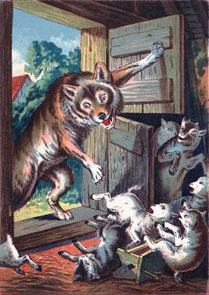 Волк вскочил в дверь и бросился на козлят. Иллюстрация Карла Офтердингера к сказке «Волк и семеро козлят». Конец 19 века.