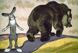 Испугался медведь и ушёл. Иллюстрация А. Брея к русской народной сказке «Заюшкина избушка»
