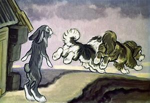 Испугались собаки и убежали. Иллюстрация А. Брея к русской народной сказке «Заюшкина избушка»