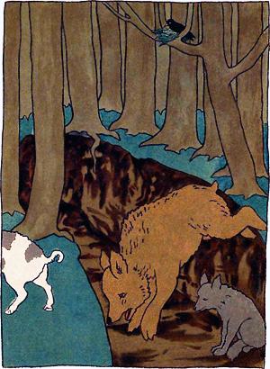 Боров прыгнул — перепрыгнул, медведь прыгнул — прямо в яму угодил. Иллюстрация товарищества И. Д. Сытина к сказке «Звери в яме». 1916 г.