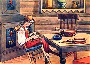 Девочка в доме трёх медведей. Иллюстрация П. П. Гославского к сказке Льва Николаевича Толстого «Три медведя»