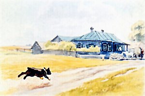 Булька летит во весь дух к станции. Иллюстрация А. Гапоненко к рассказу Л. Н. Толстого «Булька»