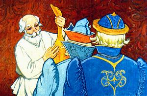 Одного гуся дал сыновьям: «И вас, говорит, трое». Иллюстрация Л. Кузнецова к сказке Л. Толстого «Как мужик гусей делил»