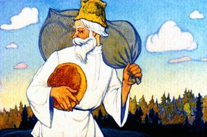 Барин посмеялся, дал мужику хлеба и денег. Иллюстрация Л. Кузнецова к сказке Л. Толстого «Как мужик гусей делил»