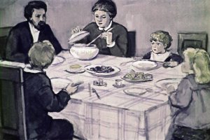 За обедом отец и говорит: «А что, дети, не съел ли кто-нибудь одну сливу?» Все сказали: «Нет». Иллюстрация Р. Былинской к рассказу Л. Н. Толстого «Косточка»
