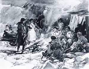 Кроме Веленчука, около костра грелись еще пять человек солдат моего взвода. Иллюстрация А. П. Апсита к рассказу Л. Н. Толстого «Рубка леса»