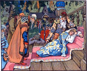 Всё объято мертвым сном. Иллюстрация В. Курдюмова к сказке Жуковского «Спящая царевна»